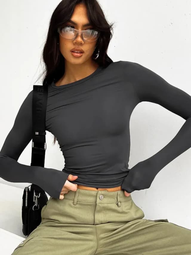 女性用長袖Tシャツ,ラウンドネック,無地,カジュアル,冬服,ベース層,秋,2023