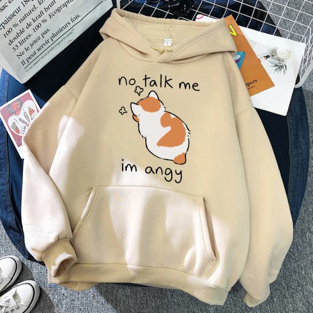 No Talk Me-Sudadera con capucha con estampado de gato enojado para mujer, sudaderas suaves de Hip Hop, jerséis de lana informales, ropa de calle de lana de gran tamaño para mujer