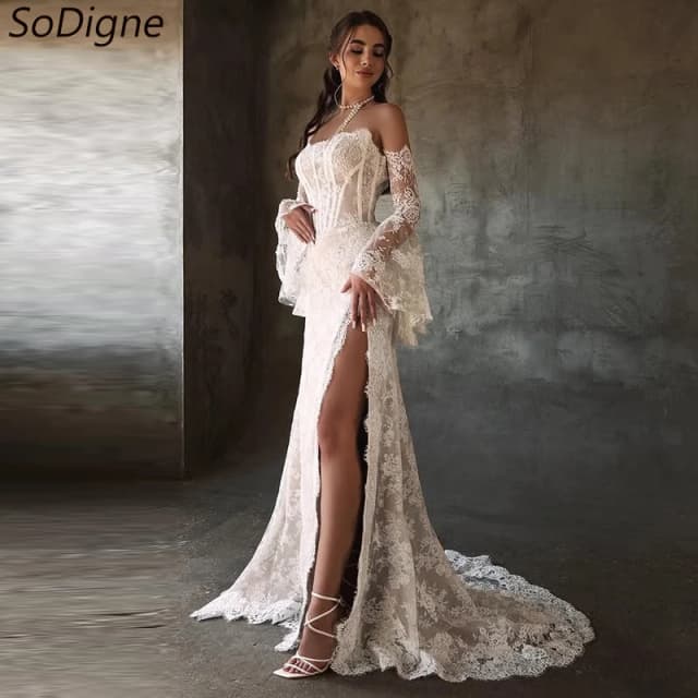 SoDigne-vestidos De novia De encaje De sirena, vestido De novia sin tirantes con mangas desmontables, vestido De novia dividido ﻿ Personalizado