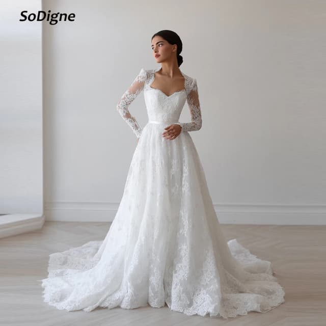 Vestido de novia de encaje con corte en A SoDigne, vestidos de novia con mangas largas y escote corazón, vestidos de novia largos 2026, vestidos de novia personalizados