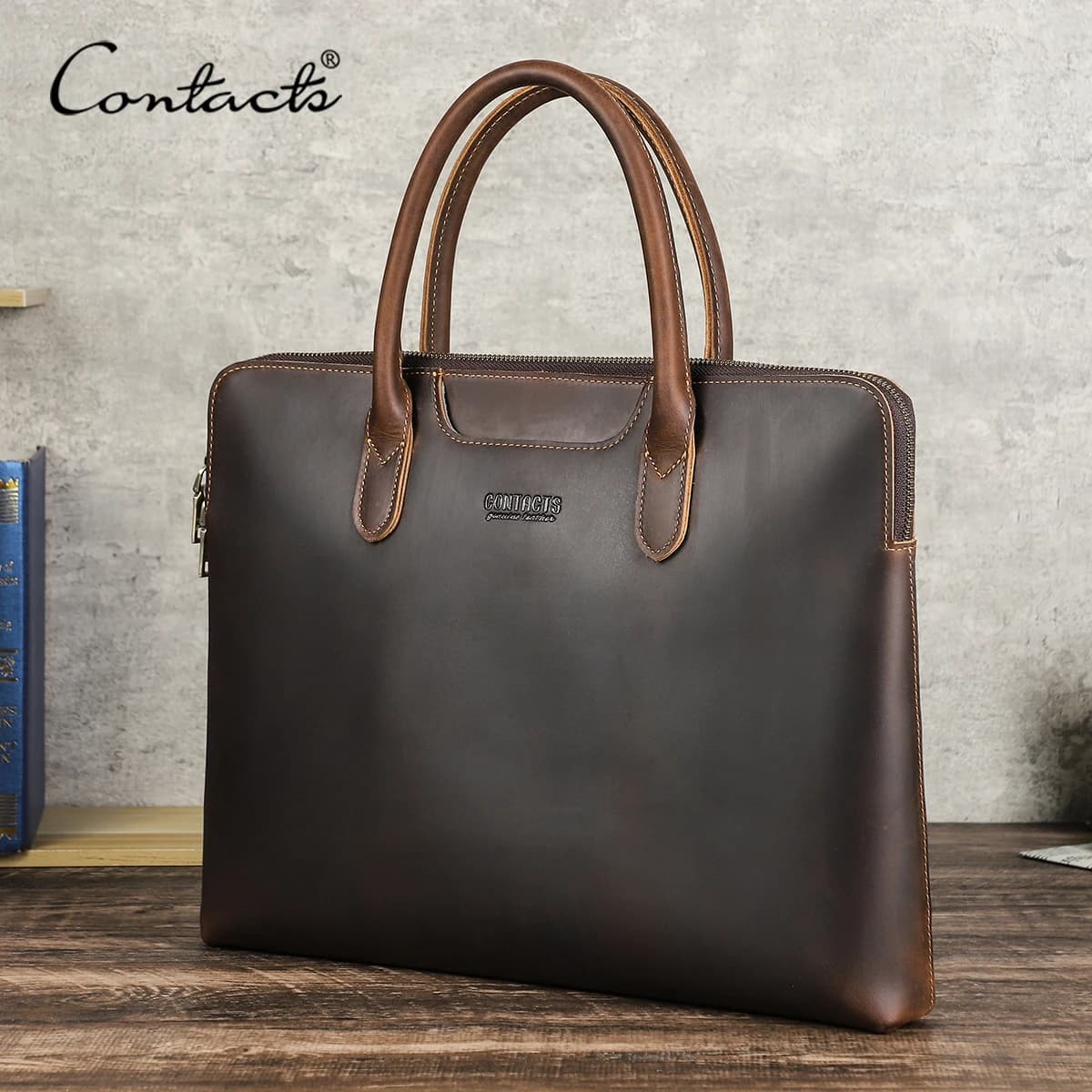 Bolso de negocios de cuero genuino de CONTACT'S, maletín de cuero, bolsos para ordenador portátil, bolso de mano de alta calidad para Macbook de 14,2"