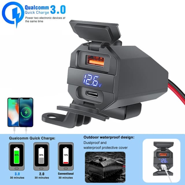 Cargador USB Rápido para Motocicleta PD+QC3.0 de 100W, Enchufe USB Doble para Manillar con Voltímetro Digital, Adaptador de Corriente de 12V Resistente al Agua
