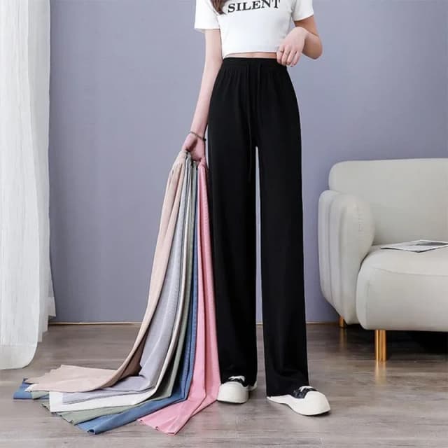 Pantalones de pierna ancha de seda de hielo suave para mujer, pantalones informales holgados y cómodos de pierna recta de cintura alta, adecuados para pantalones negros al aire libre, 1 ud.