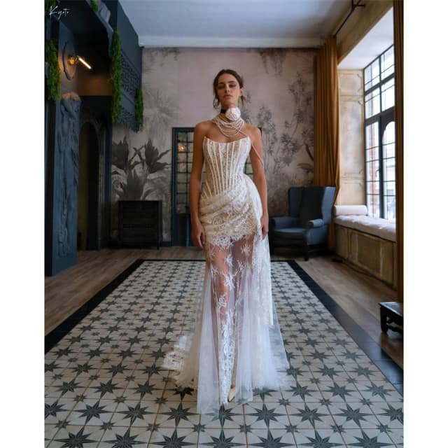 Kyoto-vestido de novia personalizado con apliques de encaje, vestido de novia con hombros descubiertos, cola desmontable y mangas formales
