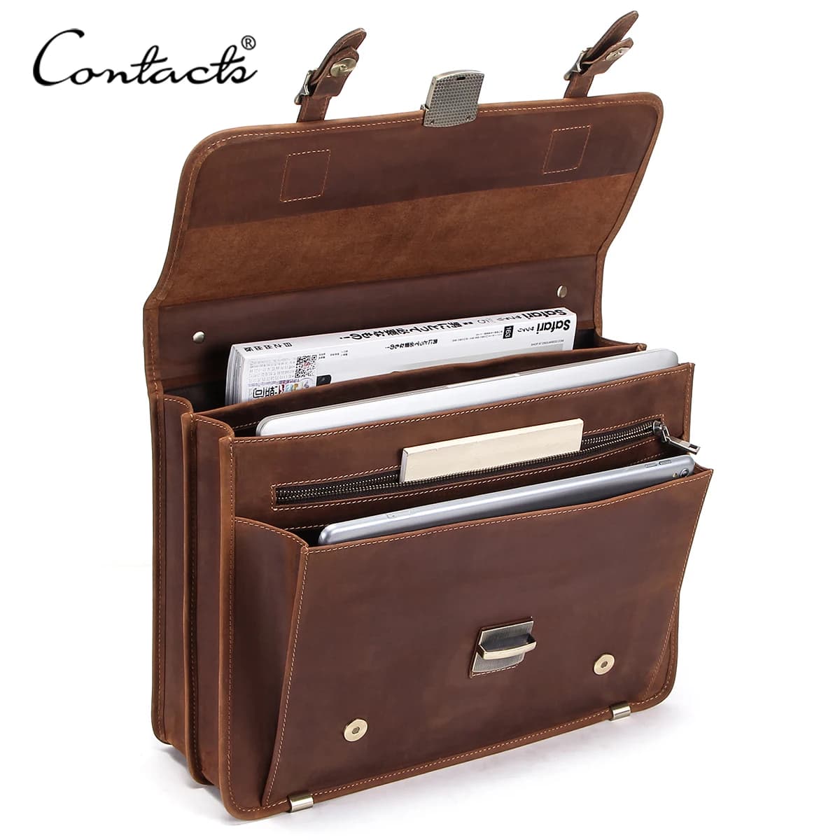 Bolsos de negocios de cuero genuino de CONTACT'S para hombre, maletín de alta calidad, bolso de oficina, bolso de mano para hombre, bolsos para ordenador portátil, cartera, bolso para documentos