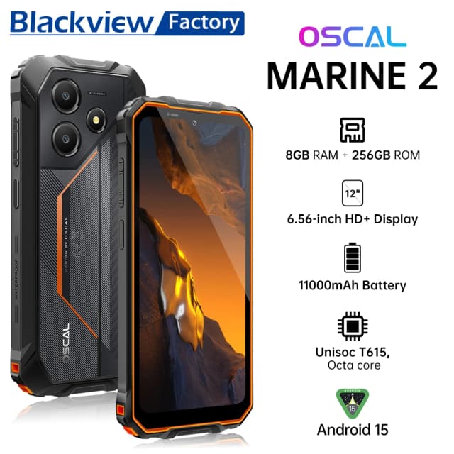 Teléfono robusto Blackview OSCAL Marine 2, 8 GB de RAM, 256 GB de almacenamiento, IA, batería de 11000 mAh, pantalla HD de 6,56 pulgadas, Unisoc T61, Android 15, NFC.