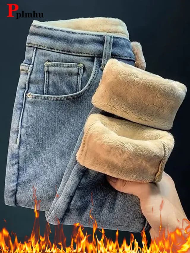 Pantalones vaqueros de tubo con forro polar cálido para mujer, mallas elásticas de cintura alta, ropa de nieve, pantalones vaqueros gruesos Vintage informales para invierno
