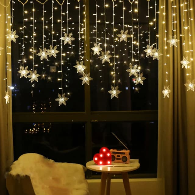 Guirnalda de luces LED con copos de nieve de Navidad, 3,2 M, luces de cortina de hadas intermitentes, impermeables para fiestas, bodas, decoración navideña