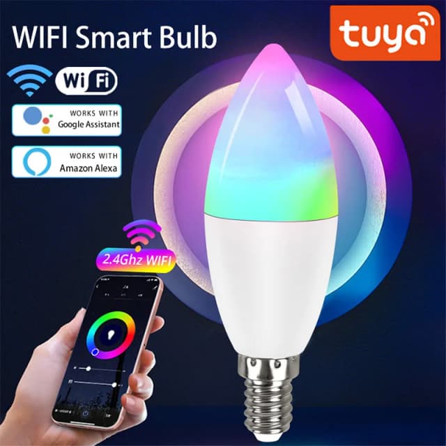Bombilla inteligente Tuya, bombilla de vela en espiral de cinco vías regulable, Wifi, RGB, Control remoto y Control por voz, 5W
