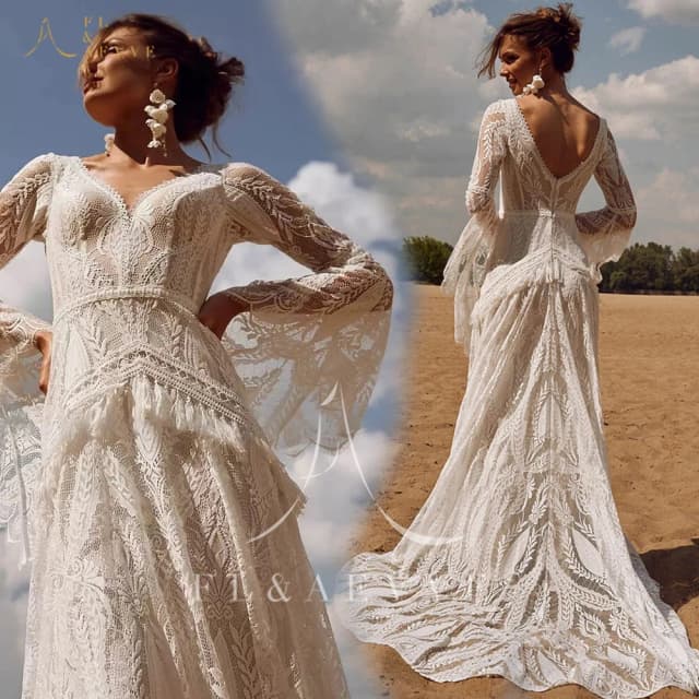FL & AEVVE elegante vestido de novia de encaje bohemio Civil con manga larga personalizado Hippie Crochet vestido de novia Gatsby Elvish vestido bata