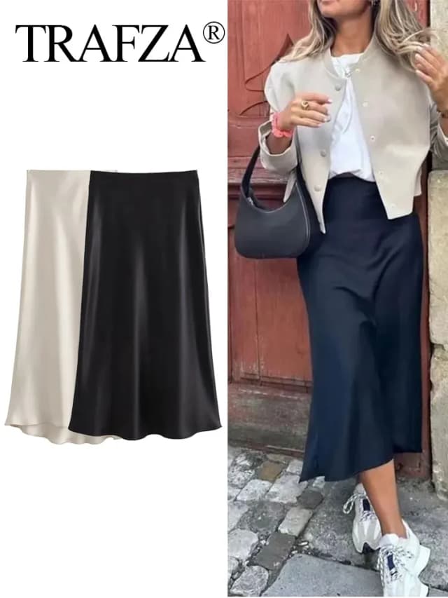 TRAFZA, falda larga elegante de satén liso para mujer, faldas ajustadas de cintura alta Y2K elegantes, falda Midi ajustada con textura de seda a la moda para mujer