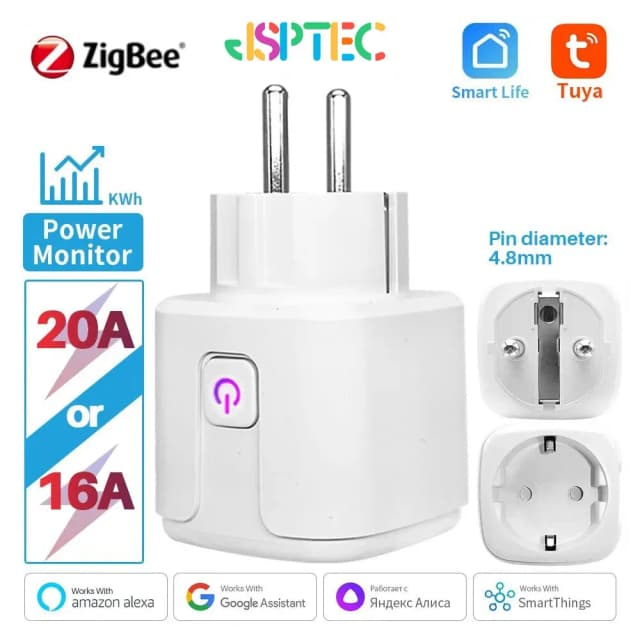 Tuya enchufe inteligente Zigbee EU 16A/20A enchufe inteligente con Monitor de potencia sincronización Control de voz funciona con Alexa Google Home Alice