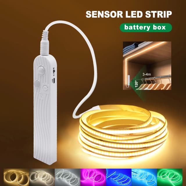 Tira de luces Led COB de 8MM, 5V, con Sensor de movimiento, alimentada por batería, 320LEDs/M, luz nocturna de inducción USB, blanco cálido, rojo, hielo, azul, verde, amarillo