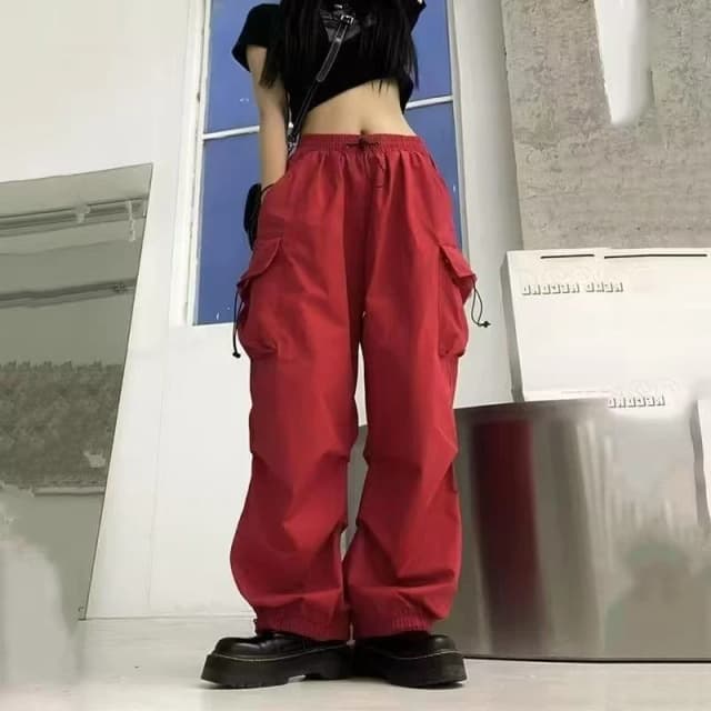 Pantalones casuales sueltos de gran tamaño con múltiples bolsillos negros multicolores para mujer con piernas anchas