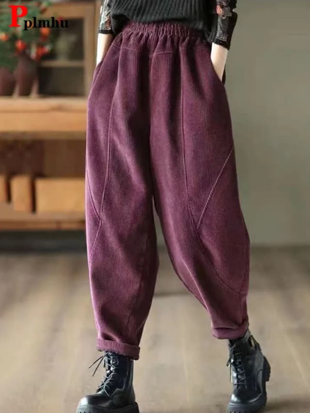 Pantalones bombachos holgados de pana para otoño e invierno, Pantalones gruesos informales elásticos de cintura alta, Pantalones coreanos elegantes hasta el tobillo para correr
