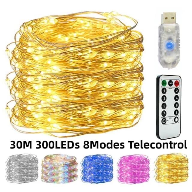 Cable de cobre con Control remoto USB, cadena de luz de bajo voltaje, 10M/20M/30M, 300Leds, 8 funciones, Cable de cobre Led navideño