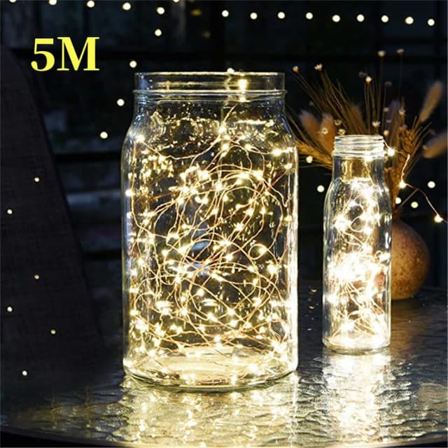 Guirnalda de luces de alambre de cobre de 5M, guirnalda navideña con pilas, cadena de luces de hadas para exteriores, jardín, hogar, dormitorio, decoración de fiesta