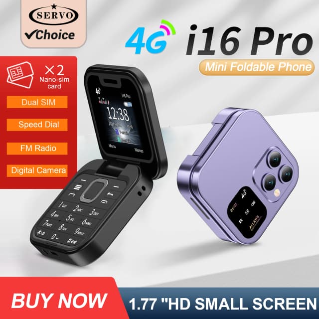 SERVO i16 PRO 4G LTE Mini teléfono móvil plegable 2 SIM velocidad Dial grabación de llamadas linterna 1,77 ''pantalla Flip teléfono móvil lista negra