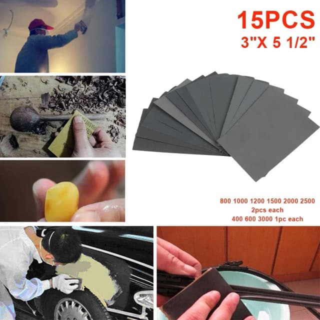 Juego de 15 Piezas de Papel de Lija de Grano 400, 600, 3000, 800, 1000, 1200, 1500, 2000, 2500, Papel de Lija para Lijado en Seco o con Agua, Herramientas Abrasivas