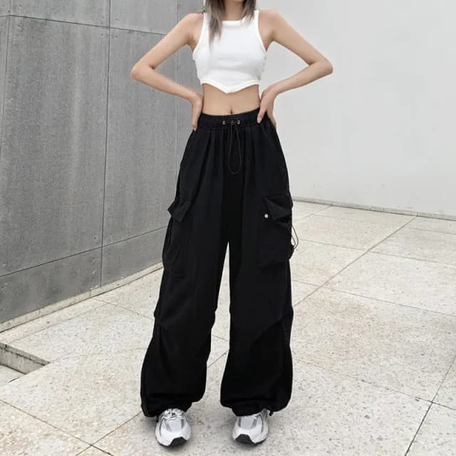 Pantalones de trabajo con cordón y bolsillos grandes de pierna ancha estilo Hip-Hop americano para mujer de vuelta a la escuela, pantalones deportivos informales de calle alta