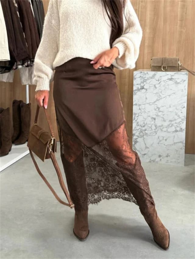Trendix, faldas de encaje de retales para mujer, novedad de 2025, faldas largas ajustadas de cintura alta con agujeros, falda bohemia marrón de moda para fiesta y Club de otoño