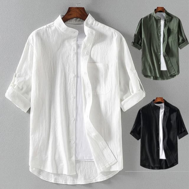 Camisa de manga corta para hombre, camisa de manga corta a la moda con cuello levantado de cinco puntos y media, talla grande, primavera y verano