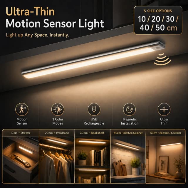 Luz LED Ultrafina Inalámbrica para Gabinete, con Sensor de Movimiento, Recargable por USB Tipo C, Magnética, Regulable, 3 Colores, para Interiores, Cocina, Armario