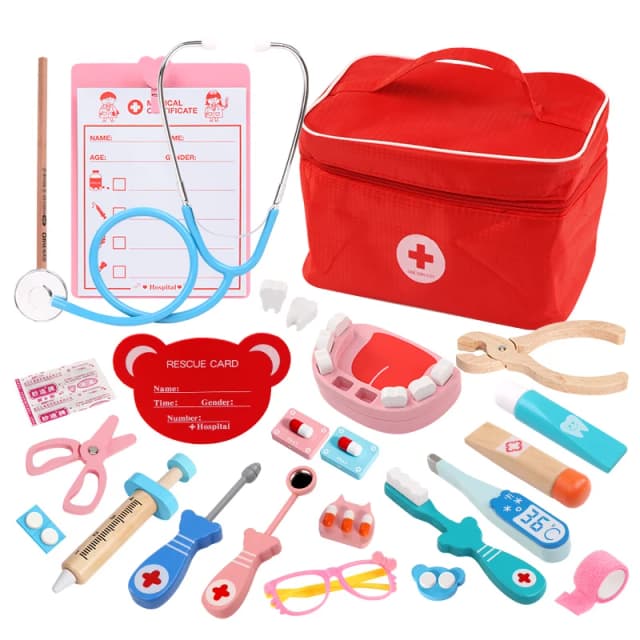 Caja de medicinas de simulación casera de maletero de madera para niños, conjunto de médico, juguete de juego de rol para enfermera, niño y niña