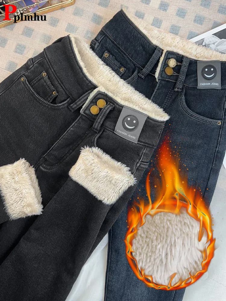Pantalones vaqueros ajustados de lana de cordero cálidos para mujer Vaqueros ajustados de felpa Vintage de cintura alta pantalones vaqueros de lana gruesos Legging de terciopelo informal