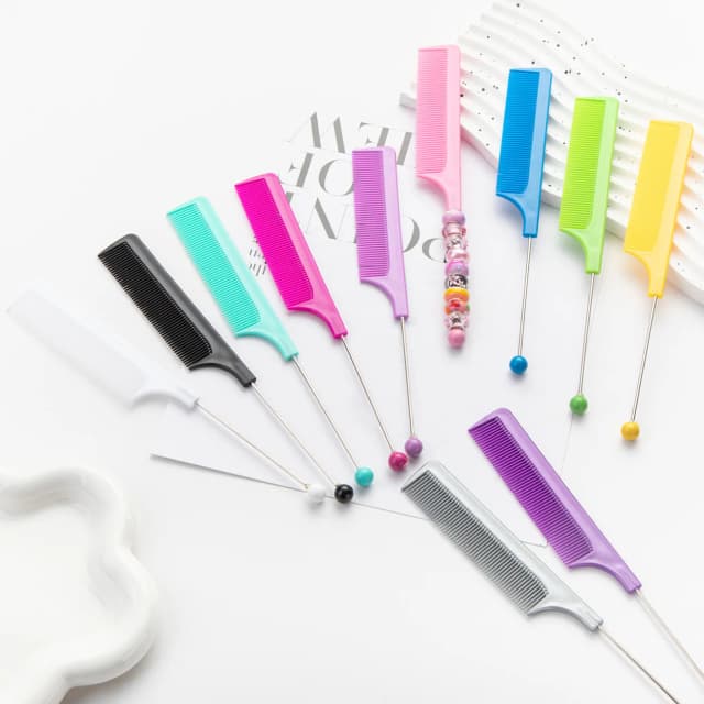 12 Uds. Peine de pelo con cuentas de plástico, peines de maquillaje con cuentas, peines creativos DIY con cuentas multicolores, regla, papelería para oficina y escuela