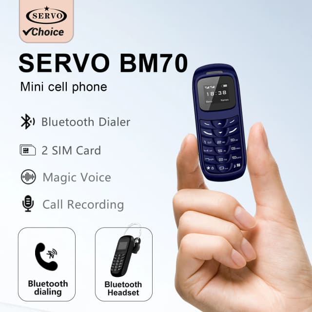 SERVO BM70 2G GSM Mini teléfono móvil tarjeta SIM Dual grabación de llamadas automática Bluetooth lista negra voz mágica Mini teléfono móvil portátil